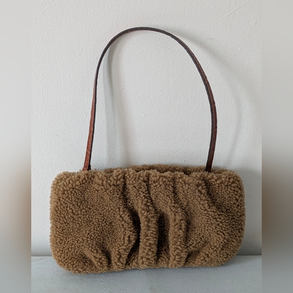 STAUD Handbags - Staud Bean Shearling Wristlet Clutch Purse Zipper Close Brown Small Shoulder Bag